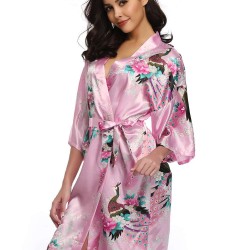  Flower And Bird Short Kimono Pink Satin  Wrap  Pajamas 