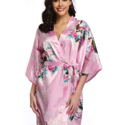  Flower And Bird Short Kimono Pink Satin  Wrap  Pajamas 
