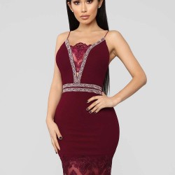 Sexy Women Dark Red Embroidered Fashion Dress
