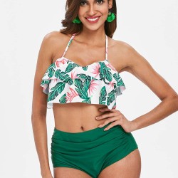 High Waist Green Floral Print Sexy Ruffled Summer Women's Bikini Set