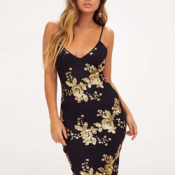 Fashion Gold Sequined Floral Bodycon Dress