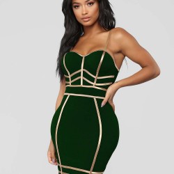 Golden Line Decoration Sexy Dark Green Bodycon Dress