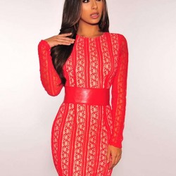 Fashion Red Lace Stripe Bodycon Dress