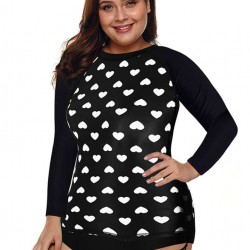 Plus Size Long Sleeve Surf Swimsuit Heart Print Sexy Summer Women's One Piece Sw
