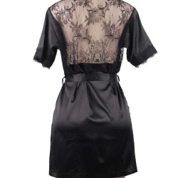Plus Size Black Silk Satin Lace Backless Sexy Women Kimono Home Pajamas