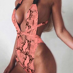 Fashion V Front One Piece Snake Print Swimsuit Sexy Bikini