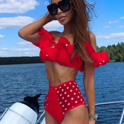 Red Wave Point Ruffle Sexy Summer Cute Bikini Set