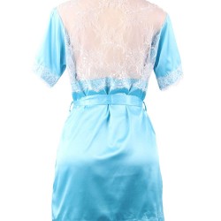 Blue Silk Satin Lace Backless Sexy Women Kimono Home Pajamas