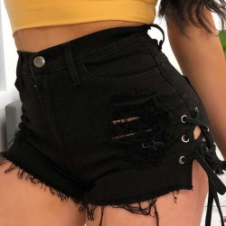 Black Broken Holes Lace Up Shorts Sexy Summer Jeans Shorts