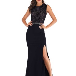 Black Lace Patch Stitching Evening Dress