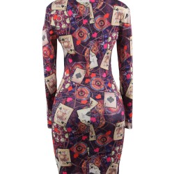 Fashion Poker printing Long Sleeve Bodycon Dress