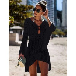 Long Sleeve Black Knitted Handmade Crochet Hollow Beach Dress Long Sleeve Black Knitted Handmade Crochet Hollow Beach Dress