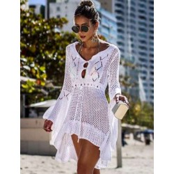 Long Sleeve White Knitted Handmade Crochet Hollow Beach Dress Long Sleeve White Knitted Handmade Crochet Hollow Beach Dress