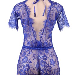 Plus Size Blue Eyelashes Lace Open-chest Teddy