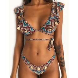Big Ruffle Color Printed Women Sexy Bikini Swimwear