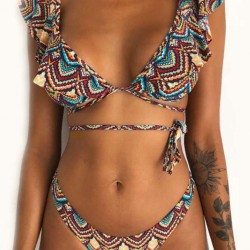 Big Ruffle Color Printed Women Sexy Bikini Swimwear
